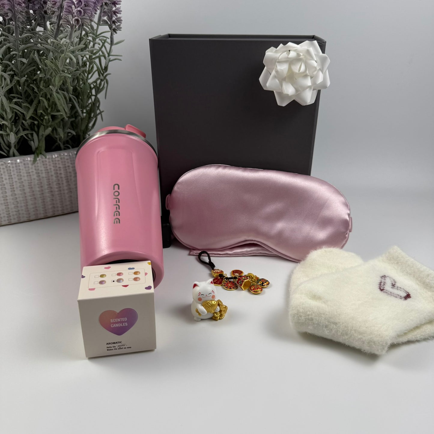 Pink Self Care Gift Box – Travel Mug, Cozy Socks, Eye Mask & Candle